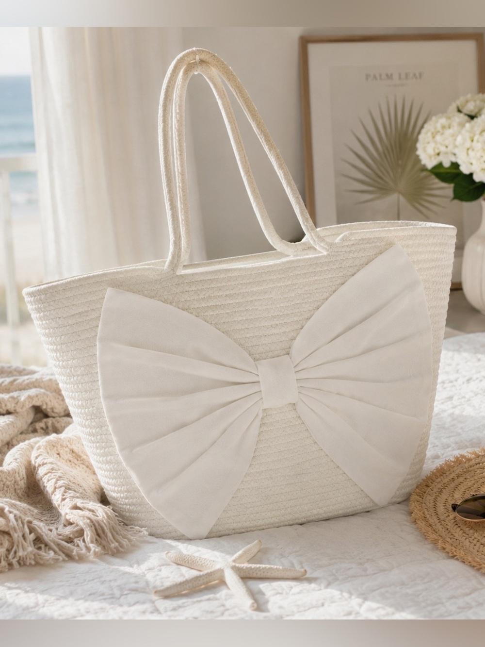 White Bow Beach Tote Bag | Large Woven Rope Tote | Coastal Summer Vacation Bag - Picture 2 of 8